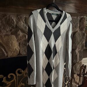 Lauren Ralph Lauren V-Neck Argyle Long Sweater Dress - Gray, Black, and White